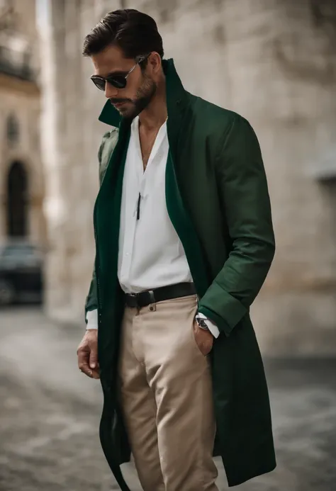 HOMBRE de cuerpo completo con ropa de calle (urbano) que se inspire principalmente en la inteligencia artificial. El hombre lleva unos pantalones anchos con texturas rugosas en los costados, A long winter sack in asymmetrical green with transparencies, cre...