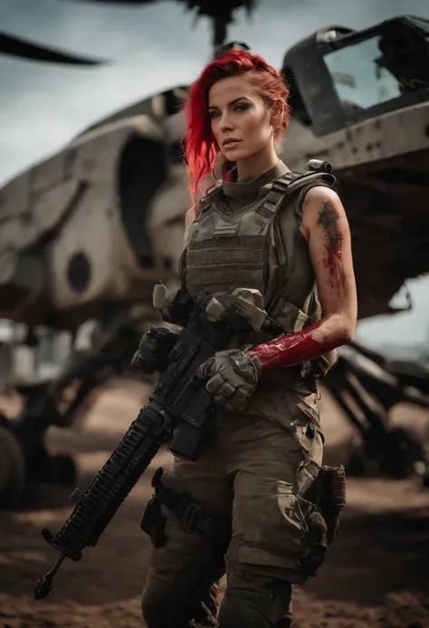 Postapocalyptic combat scene with a Beautiful hyperrealistic photograph of cute Young American woman with Runic tattoos, ((dirty face Blood splattered)), (((wearing full heavy mecha armor, combat harness, Neon highlights))) Short Red Dreadlocks, combat pos...