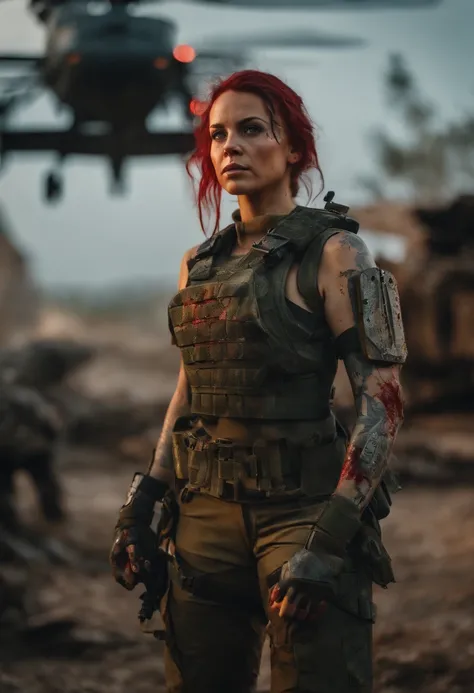 Postapocalyptic combat scene with a Beautiful hyperrealistic photograph of cute Young American woman with Runic tattoos, ((dirty face Blood splattered)), (((wearing full heavy mecha armor, combat harness, Neon highlights))) Short Red Dreadlocks, combat pos...