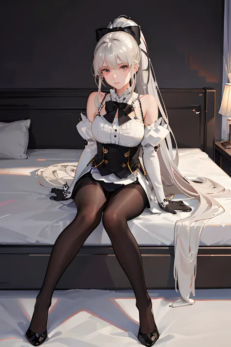 1 girl! Ray tracing, best shadows, high resolution (dim lighting) detailed background (bedroom) (fluffy silver hair, busty and slim girl) (with high ponytail) restlessly in the bedroom, avoiding blonde eyes (wearing intricately embroidered black high-waist...