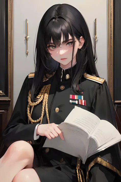 (highest resolution, distinct_image) best quality, woman, masterpiece, high detail, semi-realistic, short black hair, black hair, bangs, 21 years old, shoulder-length hair, mature, young, black clothes, black uniform, military academy beauty heroic heroic ...