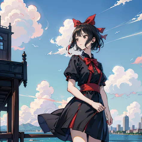 (masutepiece,newest,exceptional:1.2), Anime,1girl in,Bangs,Black_hair, Beautiful 8K eyes,Blue_skyporn,Bridge,building,castle,city,Cityscape,cloud,day,Dress,up looking_で_viewer,Outdoors,Red_neckwear,Red_bow ribbon,bow ribbon,River,Short_hair,Short_sleeves,s...