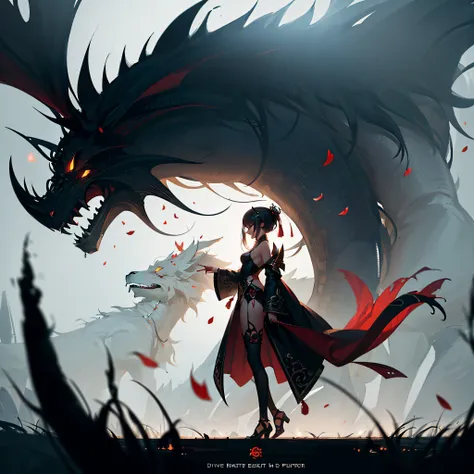 (Divine Beast), Nine-Tailed Demon Fox, Dynamic Body Type, (Chinese monster), Handsome, splashed ink, Chinese, 1girl in, ((Full body), ((2.5D)), Floating hair, Beautiful eyes, Delicate eyes, Delicate silhouette, Fantasy Art, (Black and Red Antique Brocade H...