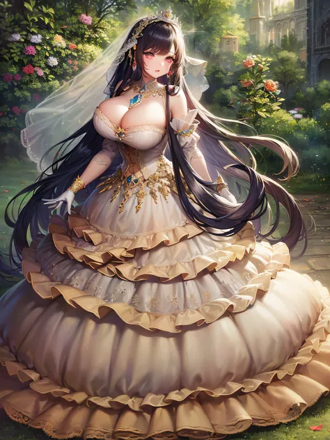 ((anime artstyle)),(Masterpiece),(Best Quality), (Super Detail),((Very Delicate and Beautiful)),cinematic lighting,1 girl,((full body portrait)),((standing in garden)),((solo)),(((1 fairytale princess in gorgeous embroidery and jeweled extremely gorgeous r...