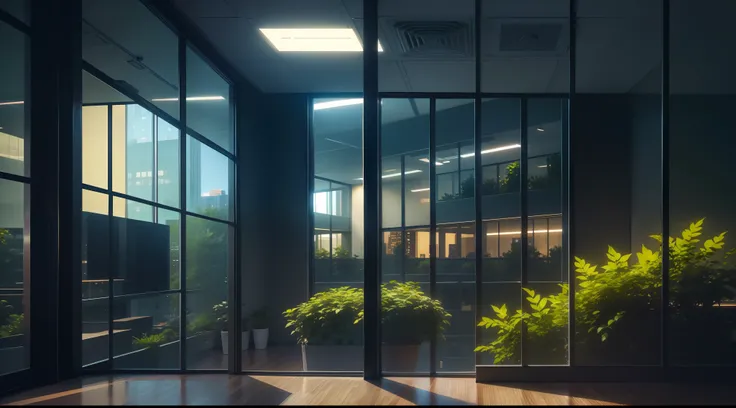 Nights, overtime, offices, floor-to-ceiling windows, greenery, no one