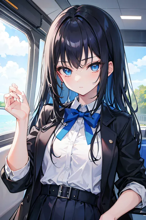 17-year-old black-haired high school waifu with blue eyes millionaire