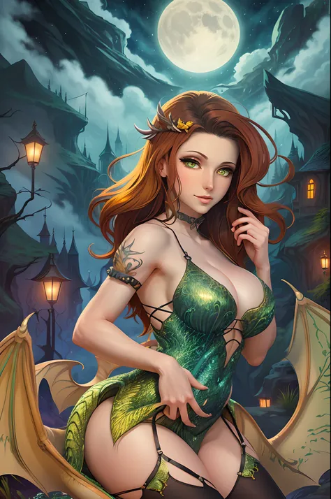 ((best quality)), ((masterpiece)), (detailed), realistic eyes, beautiful face, godess face, angel face ,half black hairand half blond hair, yellow green eyes, big breasts,big butt, sexy body, red and yellow setin dress, evil landscape, ethereal beauty, (fa...