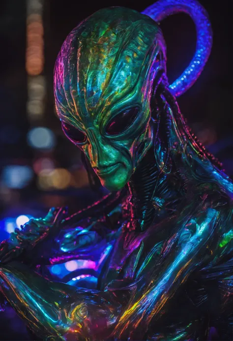 a masterpiece alien in a halloween custome, glowing iridicent  neon colors