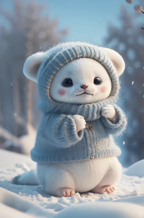 cute harp seal with fluffy fur wearing a snapback hat, lying flat down in snow, head and body covered in a pile of snow, snowing in the arctic, vivid colors, 3d render, bright lighting, vivid colors, grinning from ear to ear,