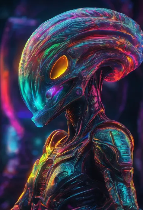 a masterpiece alien glowing iridicent  neon colors detailed