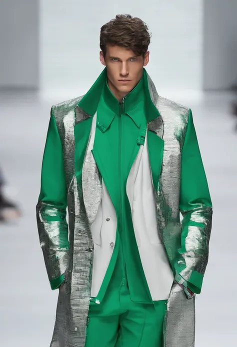 una imagen vector donde, se puede ver a un hombre que irradia una elegancia futurista en su apariencia. The cold colors dominate in his garment the protagonist is the green color The wide pants he wears have a rough and unique texture that reflects a mixtu...