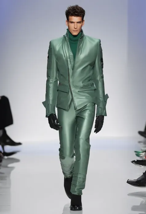 una imagen vector donde, se puede ver a un hombre que irradia una elegancia futurista en su apariencia. The cold colors dominate in his garment the protagonist is the green color The wide pants he wears have a rough and unique texture that reflects a mixtu...