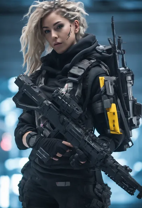 Postapocalyptic combat scene with a Beautiful hyperrealistic photograph of cute Young American woman with Runic tattoos, ((dirty face Blood splattered)), (((wearing full heavy mecha armor, combat harness, Neon highlights))) Short Blonde Dreadlocks, combat ...