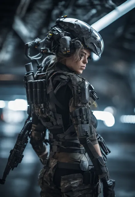 Postapocalyptic combat scene with a Beautiful hyperrealistic photograph of cute Young American woman with Runic tattoos, ((dirty face Blood splattered)), (((wearing full heavy mecha armor, combat harness, Neon highlights))) Short Blonde Dreadlocks, combat ...