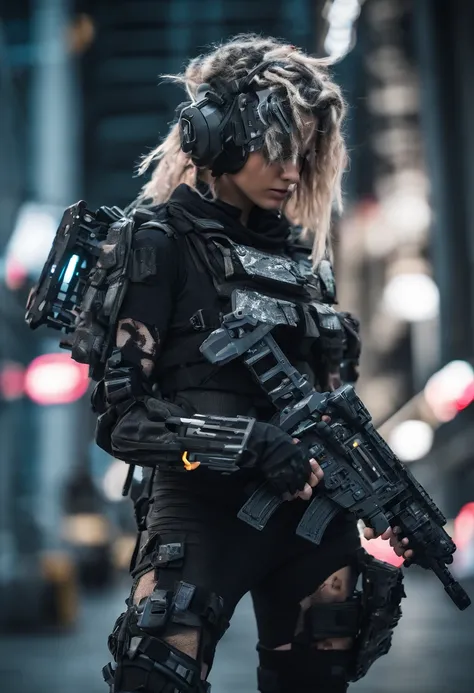 Postapocalyptic combat scene with a Beautiful hyperrealistic photograph of cute Young American woman with Runic tattoos, ((dirty face Blood splattered)), (((wearing full heavy mecha armor, combat harness, Neon highlights))) Short Blonde Dreadlocks, combat ...