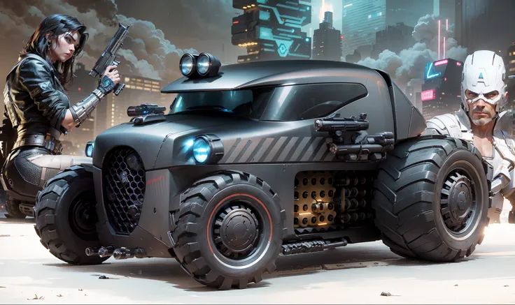 A small black vehicle, mas poderoso, with missiles on the side body in the foreground, a warrior woman carrying a pistol and Captain American on the other side and a cyberpunk city at night with cybernetic buildings the lights on in the foreground