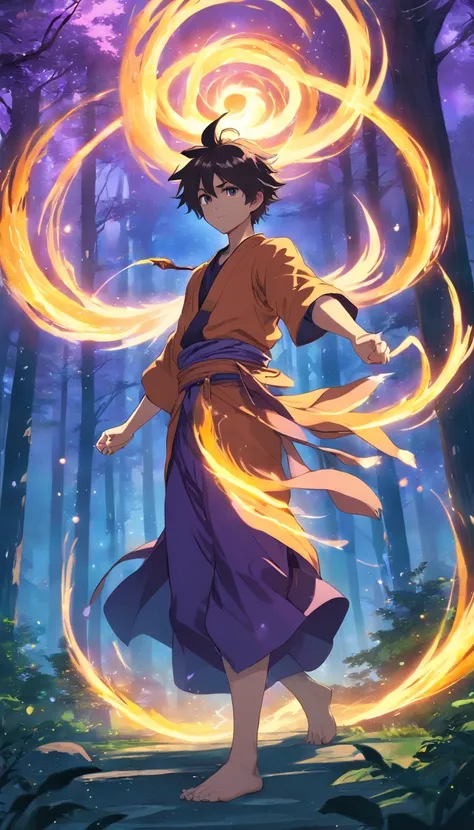 Amidst an ancient and overgrown forest, the essence of magic takes form through a young man, his hair as dark as the shadows and his eyes a radiant golden blaze. A mystical mark graces his neck, shimmering with latent power. Within a clearing, he stands en...