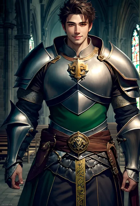 Beautiful man, cartoon realistic, Asian soft features, Androgynous looking, green eyes, smiling softly revealing one dimple, pitch-black messy hair, muscular body with wide shoulders ((big chest and tiny waist)), wearing a knight armor that covers his whol...