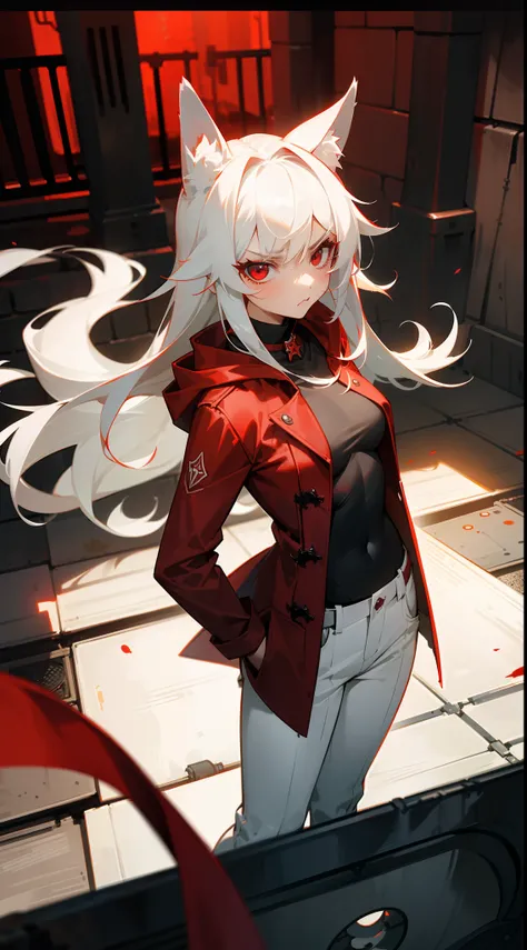 1girl,20s,small size,angry face,red overcoat with hooded,(red shirt),white pants,medium tits,white hair,long hair,red eyes,fox ears,((in a dark sewer, inside the sewers, closed place)),cowboy shot