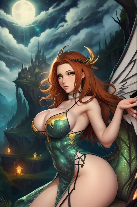 ((best quality)), ((masterpiece)), (detailed), realistic eyes, beautiful face, godess face, angel face ,half black hairand half blond hair, yellow green eyes, big breasts,big butt, sexy body, red and yellow setin dress, evil landscape, ethereal beauty, (fa...