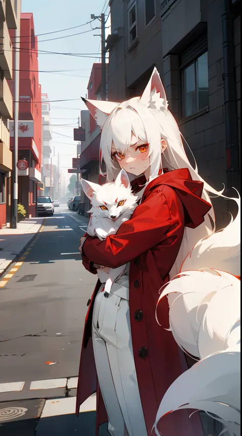 1girl,20s,small size,angry face,red overcoat with hooded,(red shirt),white pants,medium tits,white hair,long hair,red eyes,fox ears,(((standing in a street in suburbs hugging a little white fox))),cowboy shot