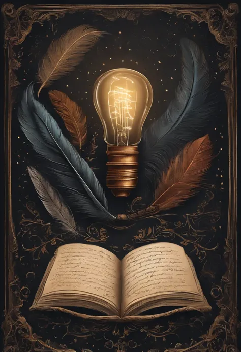 divine inspiration: Hand writing on parchment with feather quill , Lightbulb turning on in a dark room , Inspiring quotes written on a chalkboard