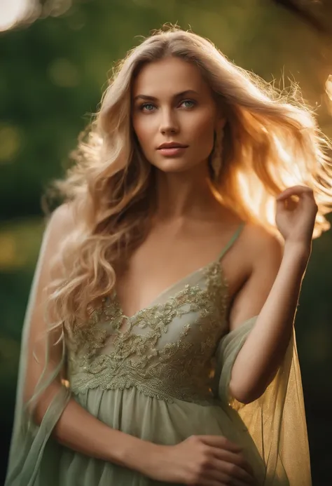 Young and beautiful woman, blonde hair gently falling in waves to the shoulders, Average Height, big green eyes, fair skin, w bikini lezy na plazy a fale muskaja jej stopy, The surroundings are illuminated by lights with warm and pleasant colors, making he...