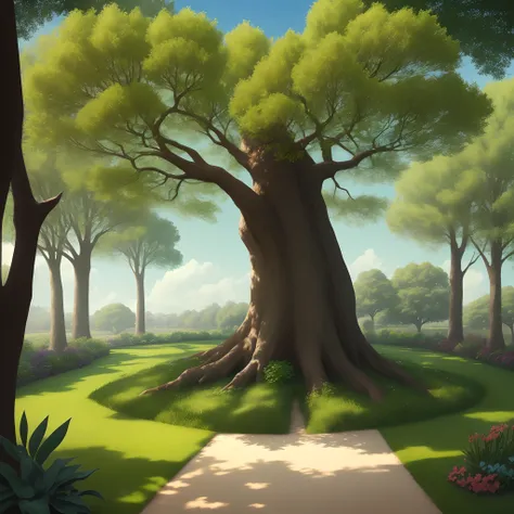 A book about the lawn,Un folleto abierto,A tree that comes out of the book, green tree, Strong and beautiful tree,it is day,El sol ilumina el. Trees and shadows the tree,