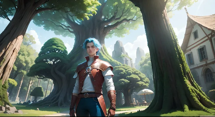 Vahn a medieval man near a giant crystal tree, 18 years old with short blue windy hair, white shirt, red leather vest, red glove in one arm, blue pants,, in front of a glowing giant magic green tree in the center, green stem, mana tree, medieval, campo gra...