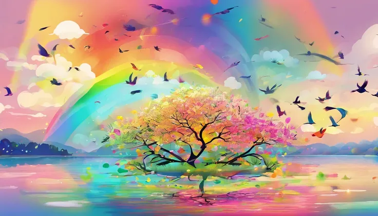 （（A rainbow appears in the sky after the rain）），baiyun, after rainny, Calm lake, inverted image, The outline of the tree, Birds fly, freshen, magical, Beautiful natural landscape