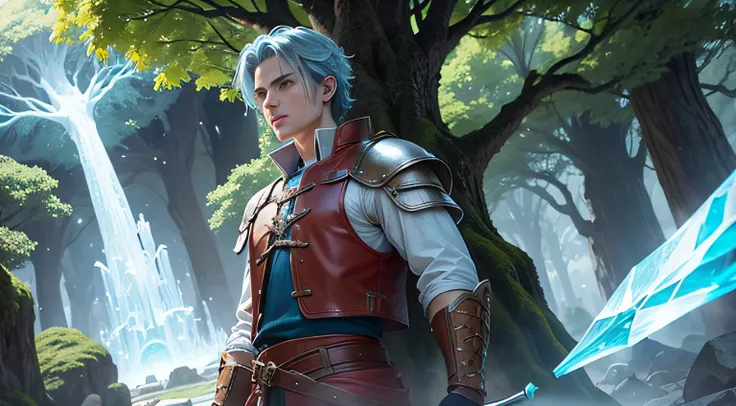 Vahn a medieval man near a giant crystal tree, 18 years old with short blue windy hair, white shirt, red leather vest, red glove in one arm, blue pants,, in front of a glowing giant magic green tree in the center, green stem, mana tree, medieval, campo gra...