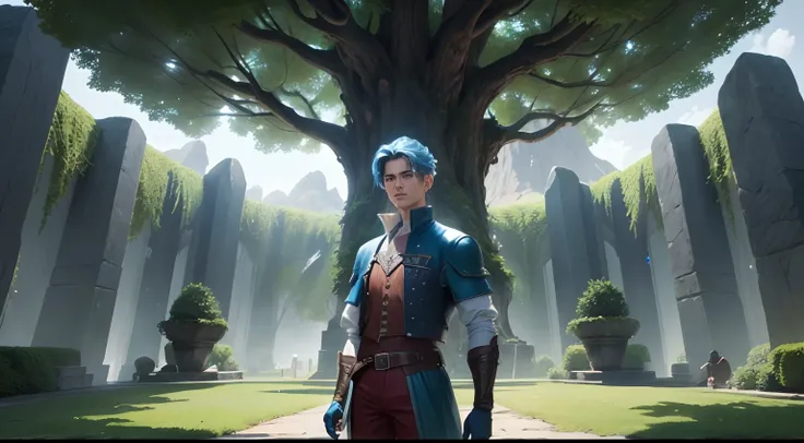 Vahn a medieval man near a giant crystal tree, 18 years old with short blue windy hair, white shirt, red leather vest, red glove in one arm, blue pants,, in front of a glowing giant magic green tree in the center, green stem, mana tree, medieval, campo gra...