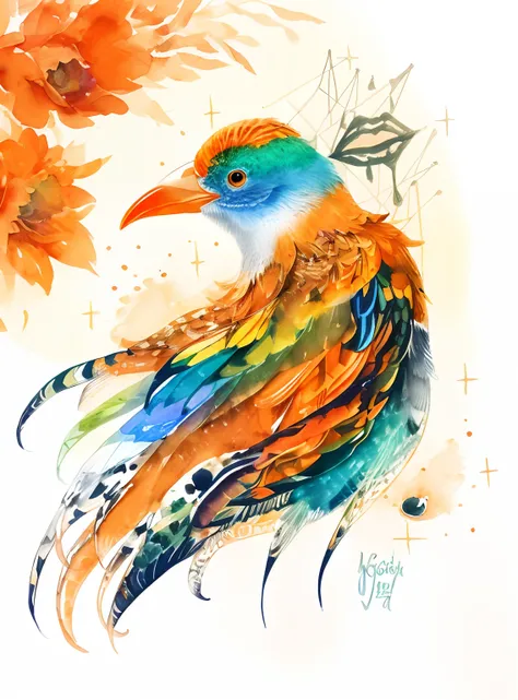 Intricate watercolor painting of a bird, orange beak, colorful feathers, iridescence, vivid colors, by Rachel Walker