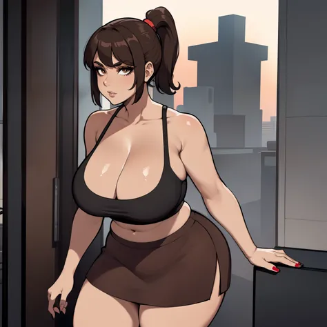 one female with short ponytail brown haircut, wearing short red skirt and black cropped tube top, thicc, alone, solo, (ALONE)(SOLO), showing cleavage, facing forward, looking at me, looking forward, showing belly, inside house