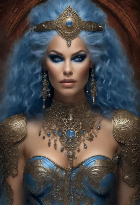 ((silver hair)), (elf), ((((sensual skin)))), (((((((blue skin texture))))))), Perfect female face, (((red eyes))), ((((eyes shining)))), ((covered in chains)), ((large breast)), dominant, ((Mock Neck large open cut top)), (((sheer Crop Top))), ((Red Lace ...