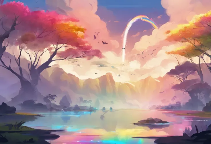 （（A rainbow appears in the sky after the rain）），baiyun, after rainny, Calm lake, inverted image, The outline of the tree, Birds fly, freshen, magical, Beautiful natural landscape