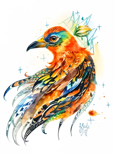 Intricate watercolor painting of a bird, orange beak, colorful feathers, iridescence, vivid colors, masterpiece, by Rachel Walker