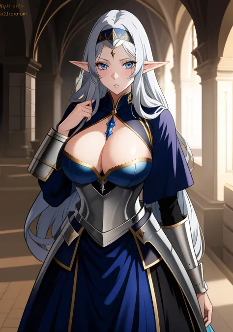 Blue gold Knight armor, knight helmet, skirt, huge tits, head band, busty, silver hair, elf ears, cool face, beauty mark under eyes, blue eyes, long hair, intrincate details, detailed, masterpiece, best quality, 4K, HDR, royal hall, gothic building, upperb...