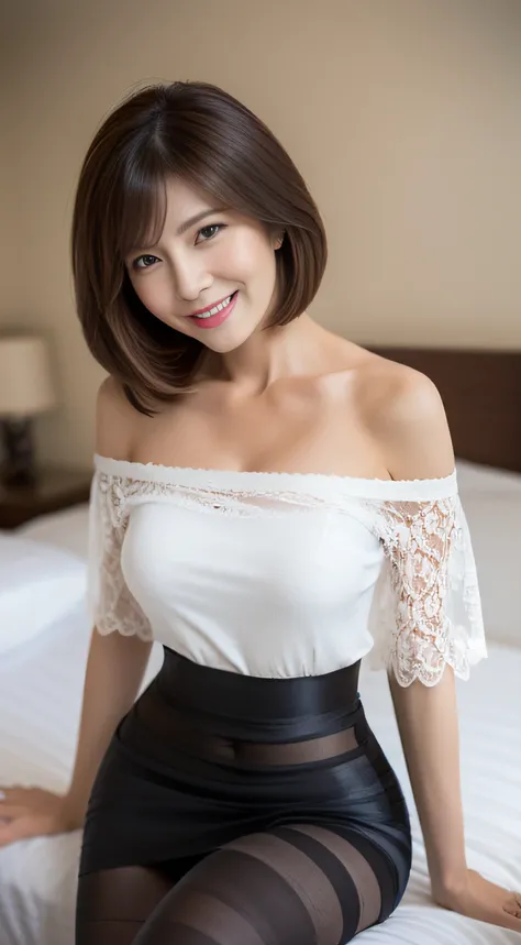 (A MILF:1.2), (Sit on the bed), Put your hands on your head, short-hair, medium-breasted, (Tight off-shoulder Lace blouse:1.1), (pencil skirts:1.1), Smile, (pantyhose:1.2)