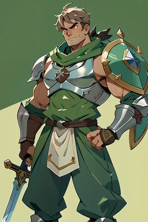 Um homem forte de armadura verde, With a large sword and shield in his hand, The atmosphere is medieval, fantasioso, estilo anime, dia