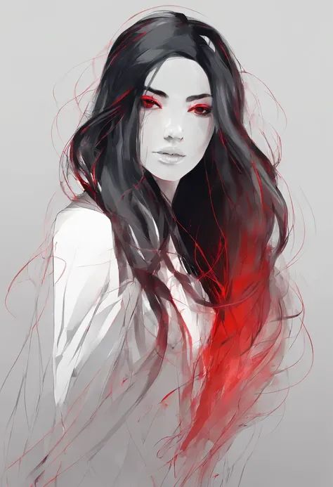 girl with flowing long hair (black) and internal glow of hair (red)