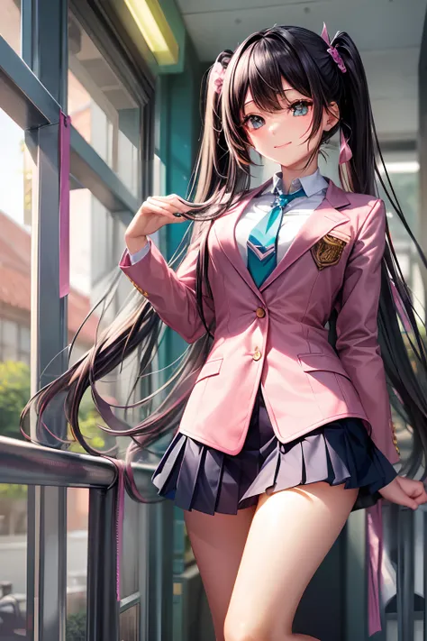 （hoang lap，hight resolution，Hyper-detailing，nffsw），tmasterpiece，best qualtiy，1girll ，Handsome，Long pink twin tail hair，A detailed face，full body Esbian、A dark-haired、High School Uniform、pink blazer、Dark blue mini skirt、Pink tie、Schools、Full body S screw、Se...