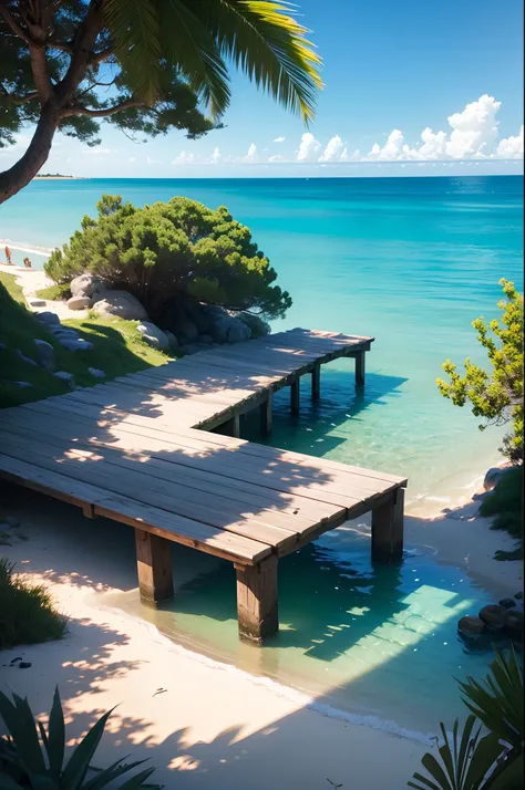 cinematic, hiperrealistic, la mejor calidad, ultra detallado, (profundidad de campo:1.2), Sea with fish, crystal clear waters, dock on the beach.