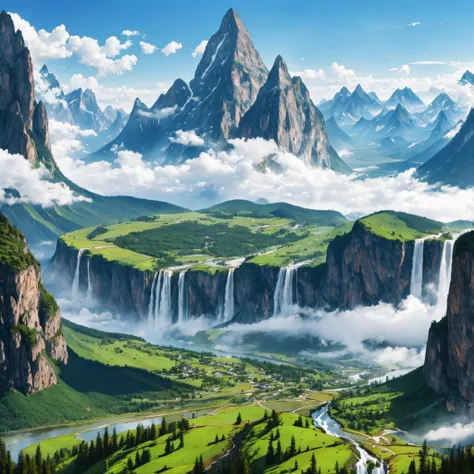 Super Giant Mountain AlpsAmazing View Amazing Nature Fantasy Huge Waterfall High Resolution Top Quality Masterpiece --auto