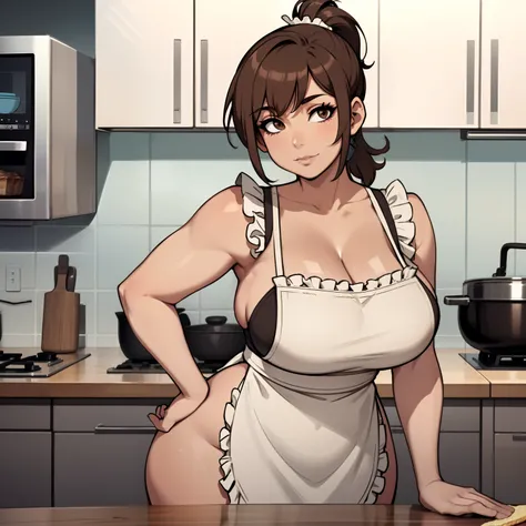 one female with short ponytail brown haircut, wearing nothing but a short frilly apron, thicc, alone, solo, (ALONE)(SOLO), showing cleavage, facing forward, looking at me, looking forward, showing belly, in kitchen baking sweets