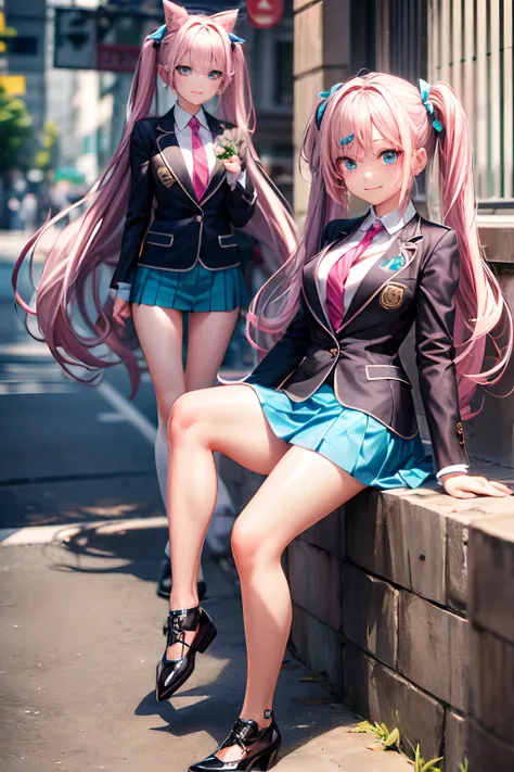 （hoang lap，hight resolution，Hyper-detailing，nffsw），tmasterpiece，best qualtiy，1girll ，Handsome，Long pink twin tail hair，A detailed face，full body Esbian、A dark-haired、High School Uniform、pink blazer、Dark blue mini skirt、Pink tie、Schools、Full body S screw、Se...