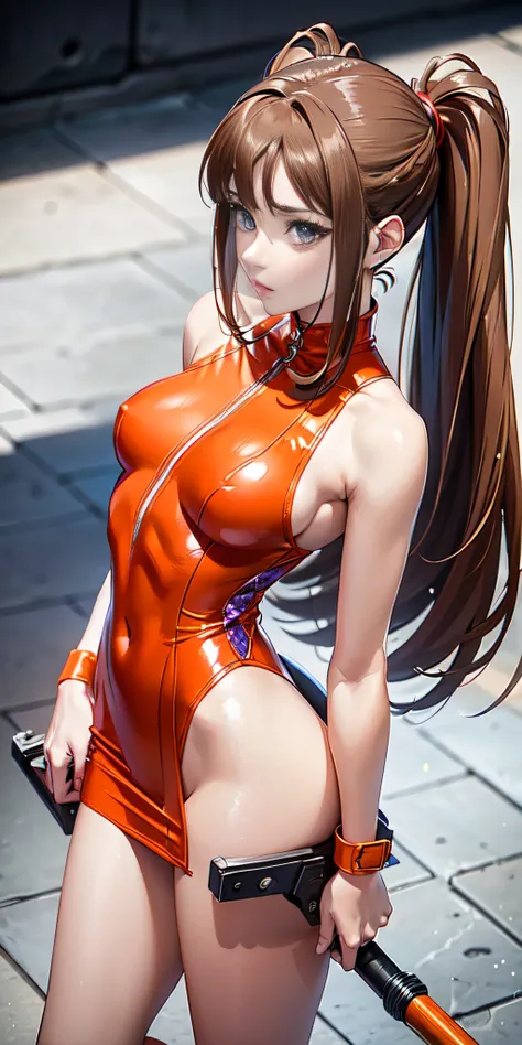 american shot view, Anime, professional anime style, (Only 1 woman), ((From head to toe)), Diane is a beautiful woman with a perfect body with purple eyes, Her hair is brown and long, which she wears tied in two long ponytails on each side of her head, she...