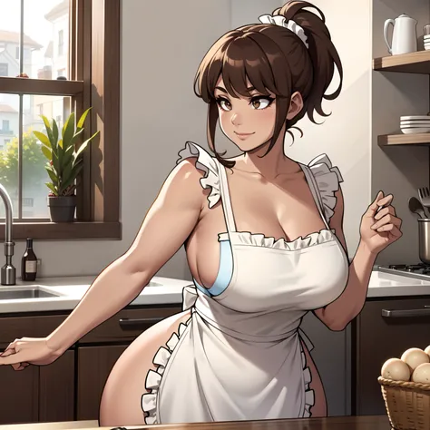 one female with short ponytail brown haircut, wearing nothing but a short frilly apron, thicc, alone, solo, (ALONE)(SOLO), showing cleavage, facing forward, looking at me, looking forward, showing belly, in kitchen baking sweets