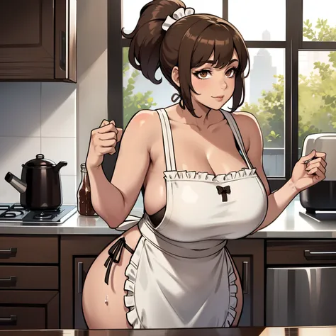 one female with short ponytail brown haircut, wearing nothing but a short frilly apron, thicc, alone, solo, (ALONE)(SOLO), showing cleavage, facing forward, looking at me, looking forward, showing belly, in kitchen baking sweets