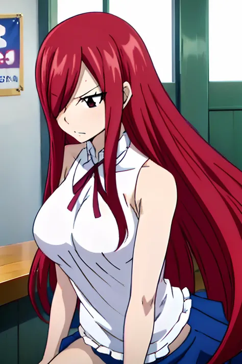 fairy tail, 1girl, long hair, red hair, brown eyes, large breast, neck ribbon, bare shoulders, white shirt, sleeveless, center frills, blue skirt, hair over one eye